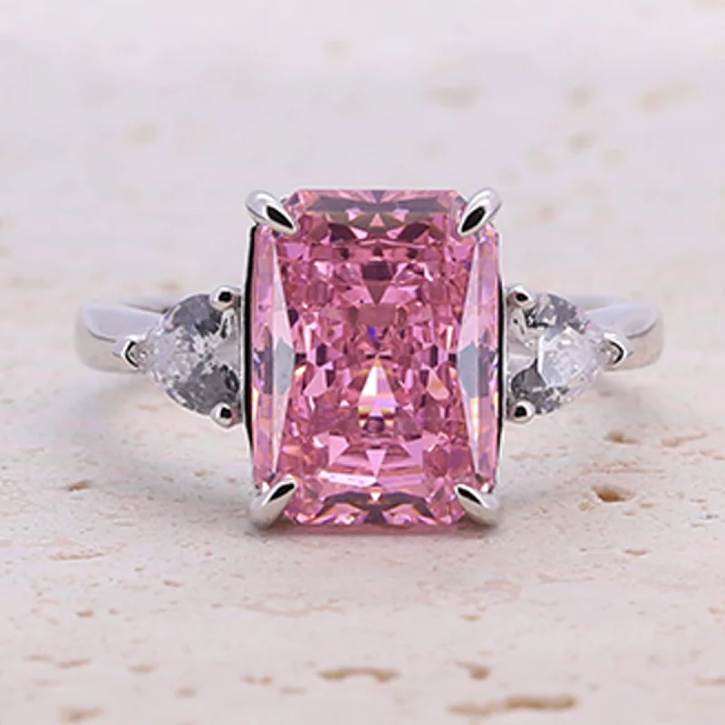 4.0CT Three Stone Pink Sterling Silver Engagement Ring (Multi Color Available)