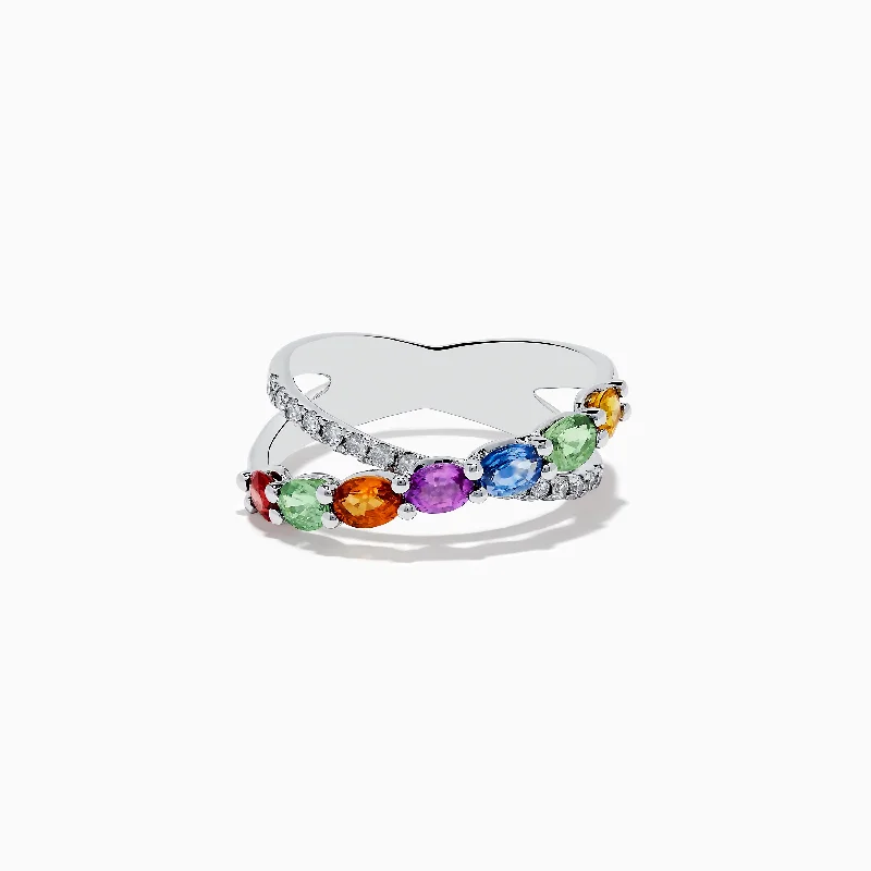 Watercolors 14K White Gold Multi Sapphire and Diamond Crossover Ring