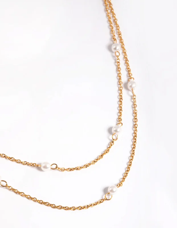 Waterproof Gold Plated Stainless Steel Dainty Freshwater Pearl Double Layer Necklace