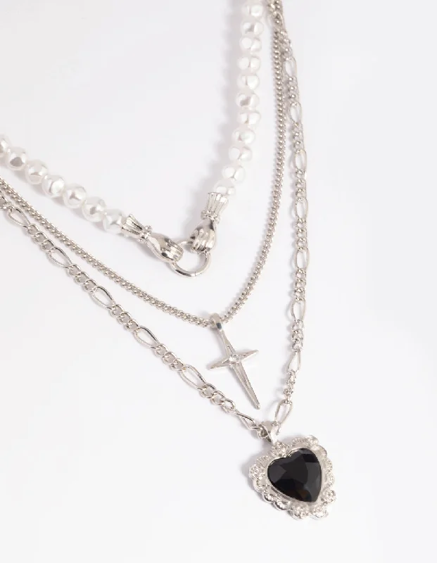 Silver Pearl Heart Star Layered Necklace