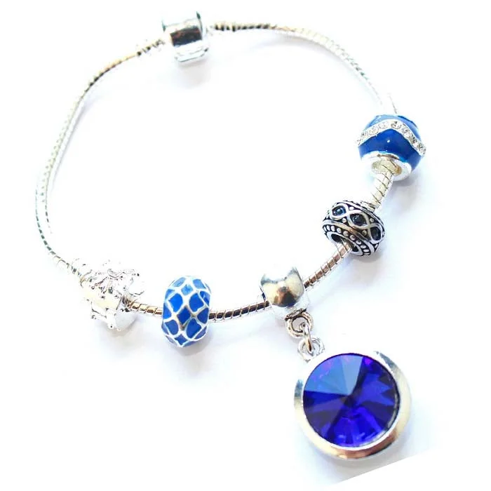 Adult's 'September Birthstone' Sapphire Colored Crystal Silver Plated Charm Bead Bracelet