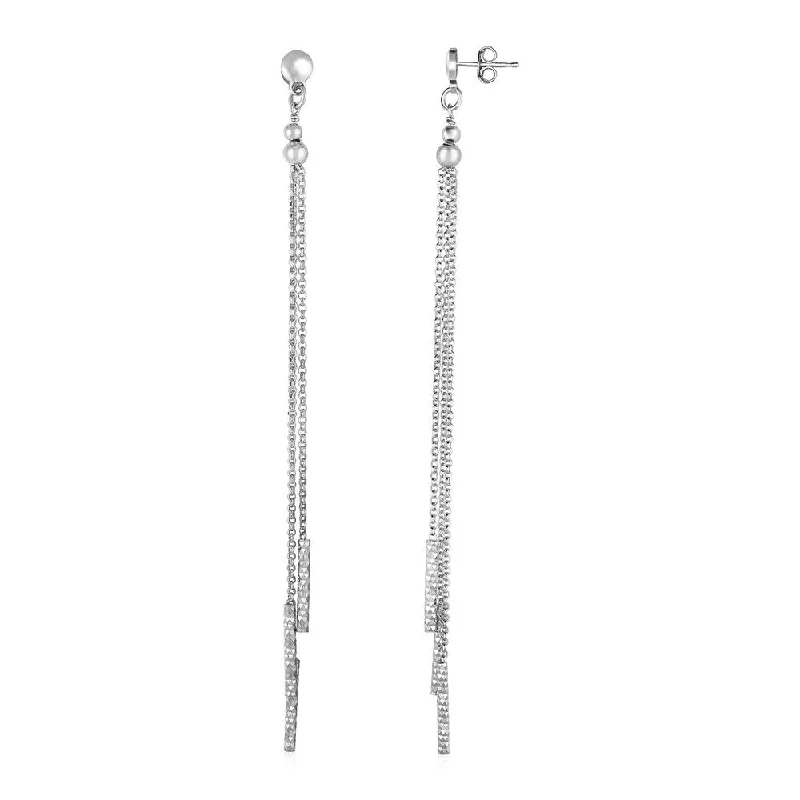 Long Chain Tassel and Textured Bar Drop Earrings in Sterling Silver