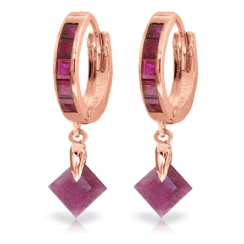 3.7 Carat 14K Solid Rose Gold Hoop Earrings Dangling Ruby