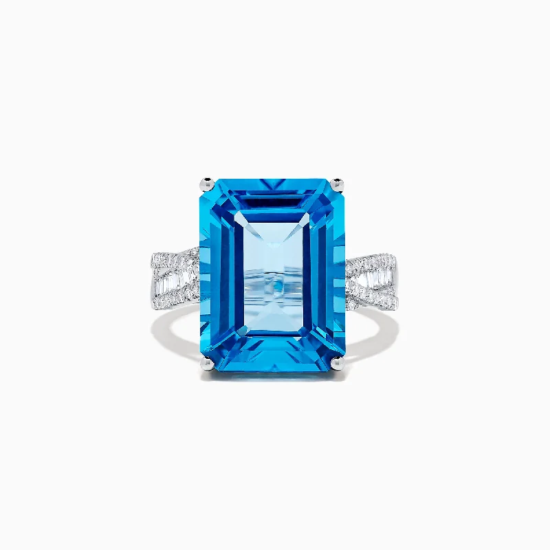 Ocean Bleu 14K White Gold Blue Topaz and Diamond Ring, 13.65 TCW