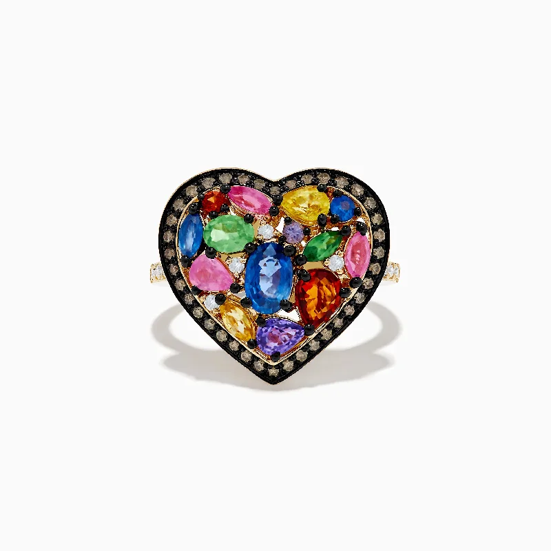 Watercolors 14K Yellow Gold Multi Color Sapphire and Diamond Heart Ring