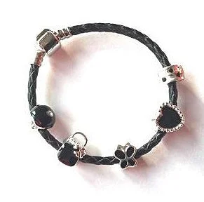 Children's 'Simply Black' Silver Plated Black Leather Charm Bead Bracelet