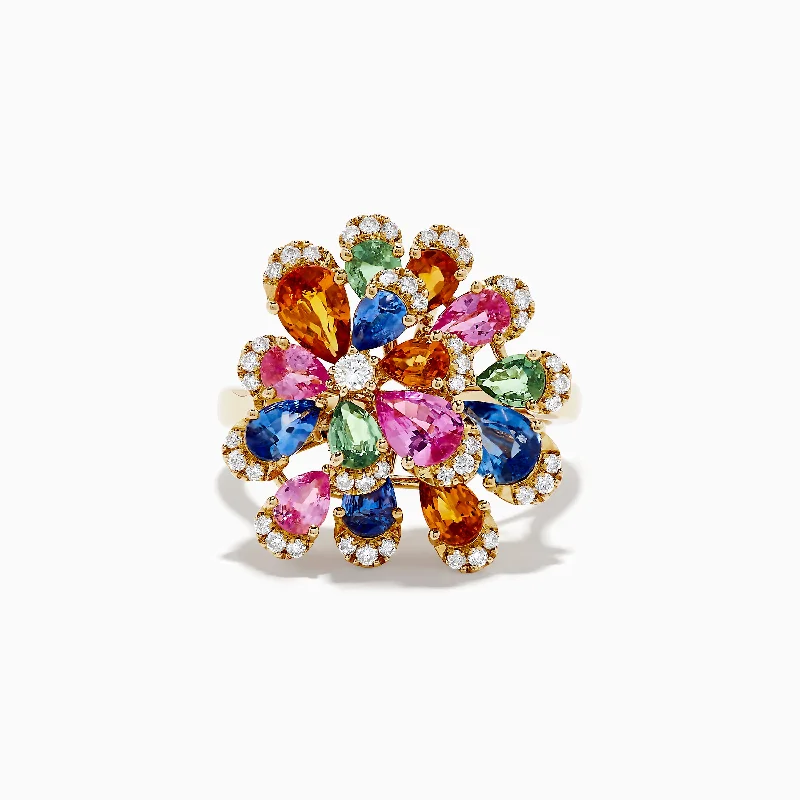 Watercolors 14K Gold Multi Sapphire and Diamond Flower Ring