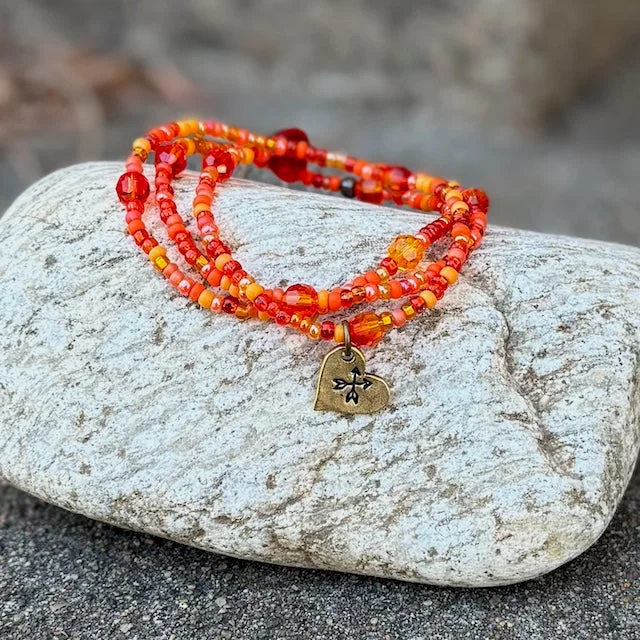 Hand stamped charm stretch triple wrap bracelet