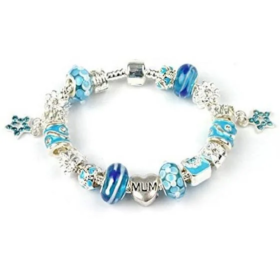 Mum 'Misty Blue' Silver Plated Charm Bead Bracelet