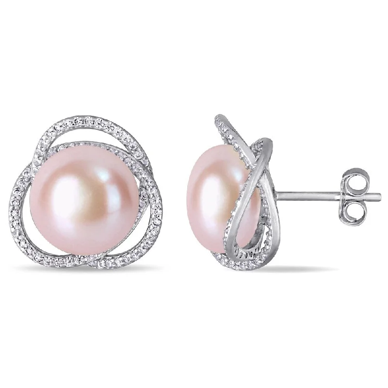 Miadora Sterling Silver Pink Cultured FW Pearl Swirl and CZ Interlaced Halo Stud Earrings (11-12 mm)