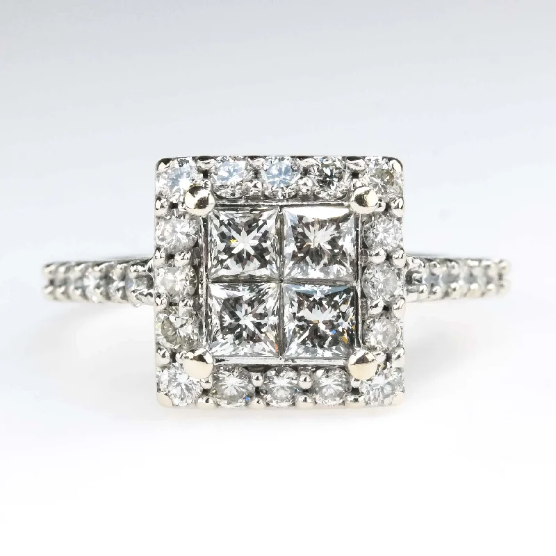 1.00ctw Diamond Accented Halo Quad Cluster Engagement Ring in 14K White Gold