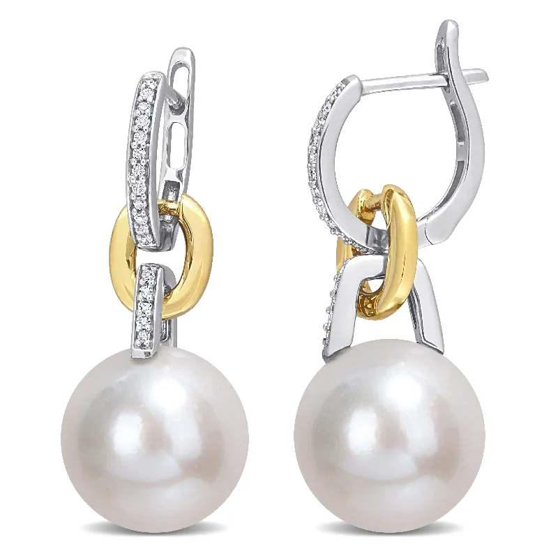 Miadora Freshwater Cultured Pearl & 1/10ct TDW Diamond Dangle Earrings in 14k White and Yellow Gold