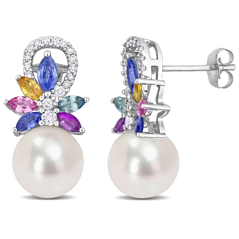 Miadora 9-9.5mm Cultured Freshwater Pearl and Multi Sapphire & 1/8 CT TW Diamond Flower Drop Earrings