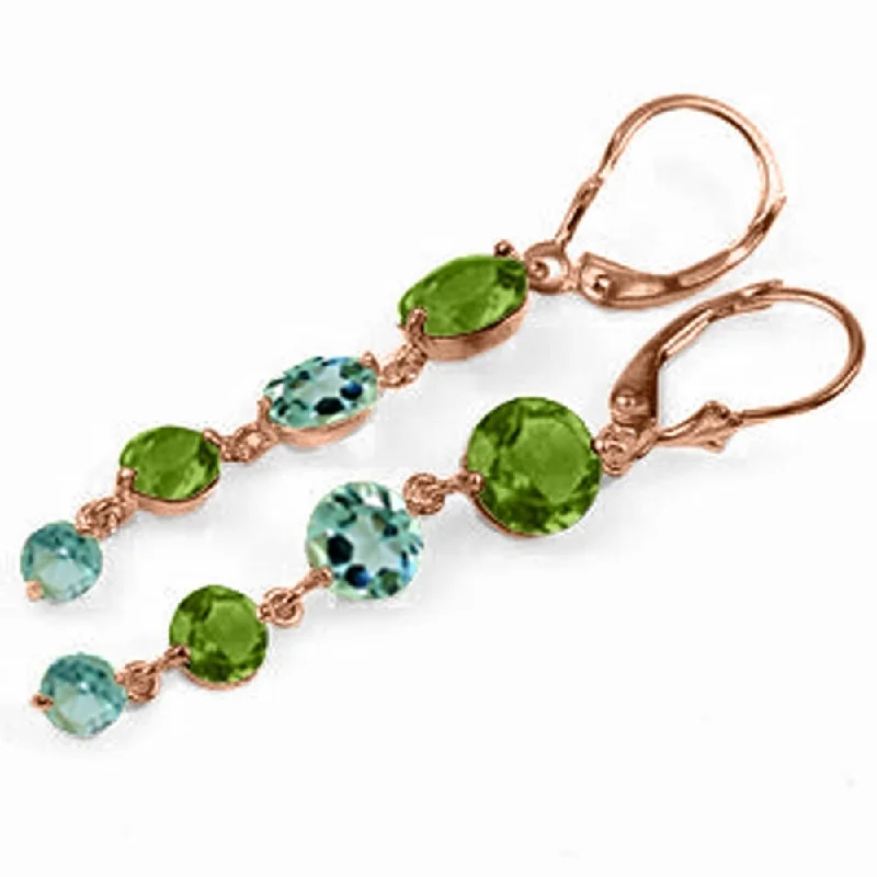 14K Solid Rose Gold Chandelier Earrings with Peridot & Blue Topaz