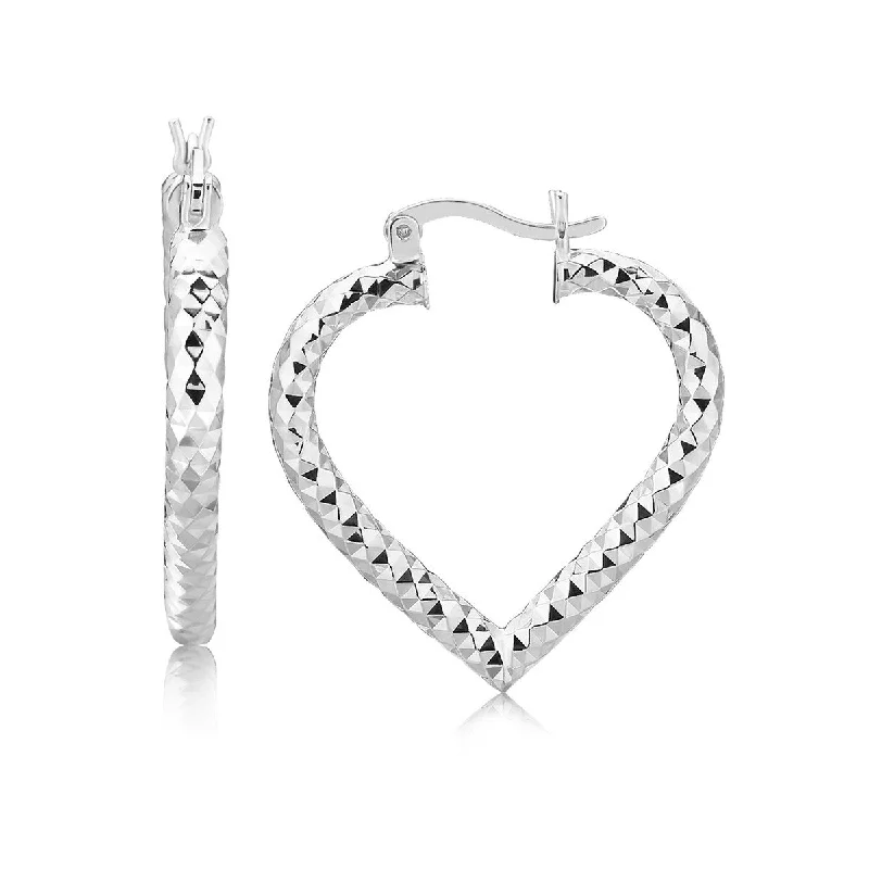 Sterling Silver Rhodium Plated Heart Style Hoop Diamond Cut Earrings