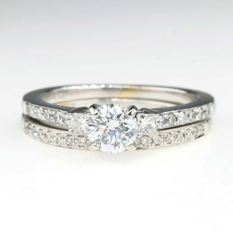 Diamond Three Stone Engagement Ring & Wedding Ring Bridal Set in 14K White Gold