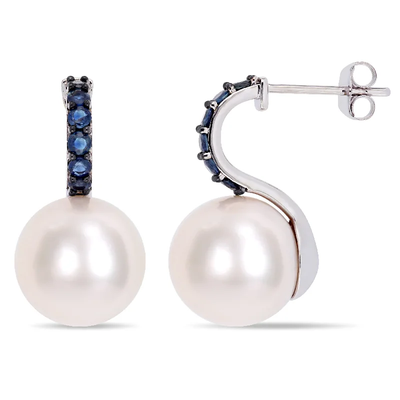 Miadora 11-12mm Cultured Freshwater Pearl and 5/8ct TGW Sapphire Drop Earrings in 10k White Gold