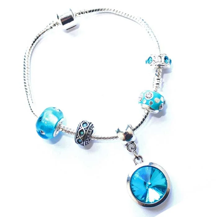 Teenager's 'March Birthstone' Aqua Colored Crystal Silver Plated Charm Bead Bracelet