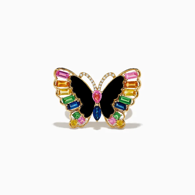 Nature 14K Yellow Gold Multi Sapphire Agate and Diamond Butterfly Ring