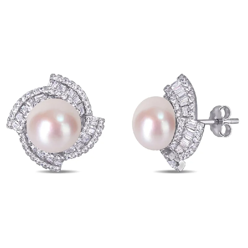 Miadora Sterling Silver Cultured FW Pearl and CZ Swirl Halo Stud Earrings (9-10 mm)