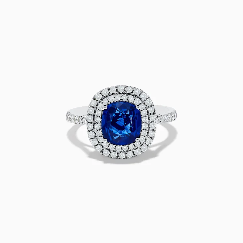 18K White Gold Blue Sapphire and Diamond Double Halo Ring