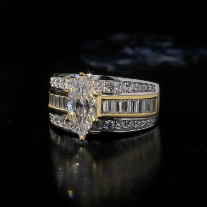 Three Row Marquise Cut Gold Accent Two Tone  Engagement Ring