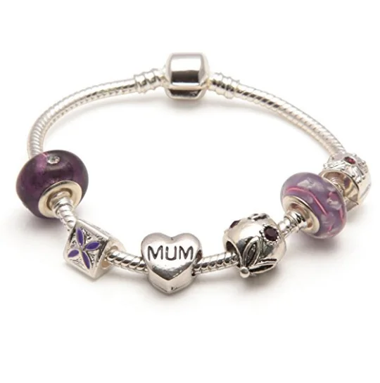 Mum 'Purple Haze' Silver Plated Charm Bead Bracelet