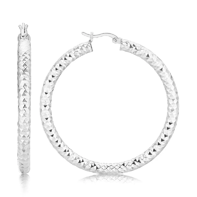 Sterling Silver Thick Faceted Large Hoop Earrings with Rhodium Plating