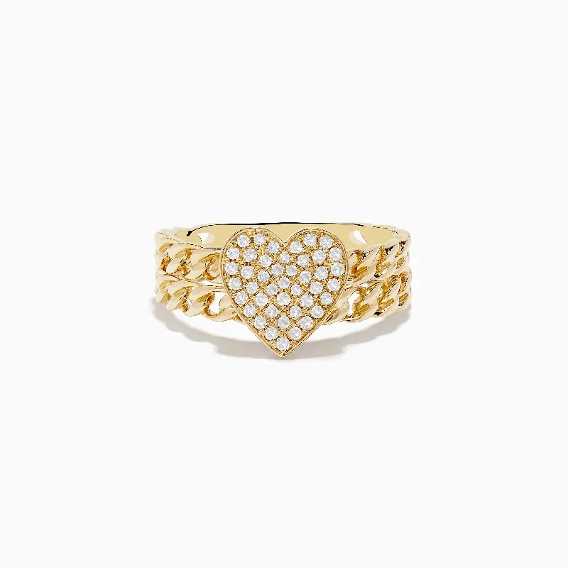 Novelty 14K Yellow Gold Pave Diamond Heart Chain Link Ring