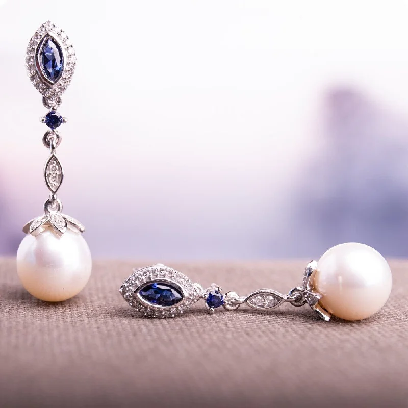 Miadora Signature Collection 10k White Gold Freshwater Pearl Created Sapphire and 1/5ct TDW Diamond Earrings (8.5-9 mm)