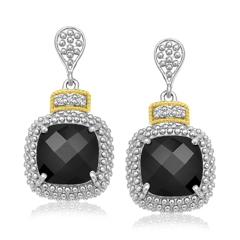 18k Yellow Gold & Sterling Silver Black Onyx & Diamond Earrings