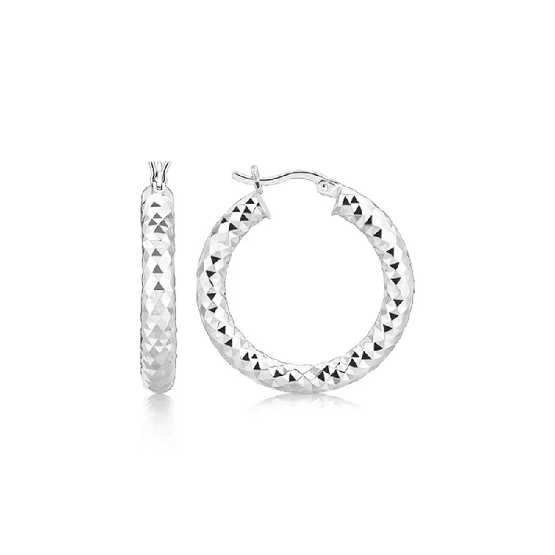 Sterling Silver Thick Rhodium Plated Faceted Design Hoop Earrings