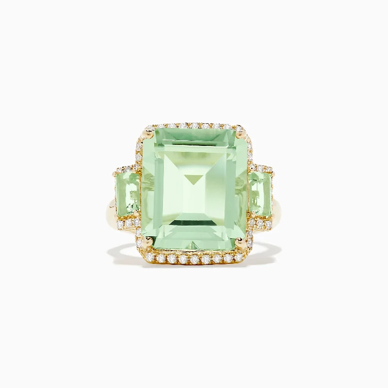 14K Yellow Gold Green Amethyst and Diamond Ring