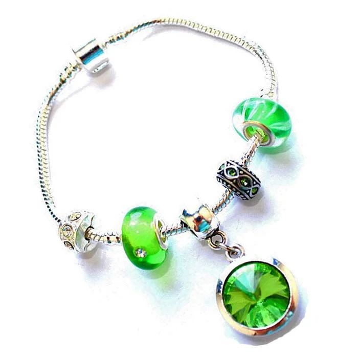 Adult's 'August Birthstone' Peridot Colored Crystal Silver Plated Charm Bead Bracelet