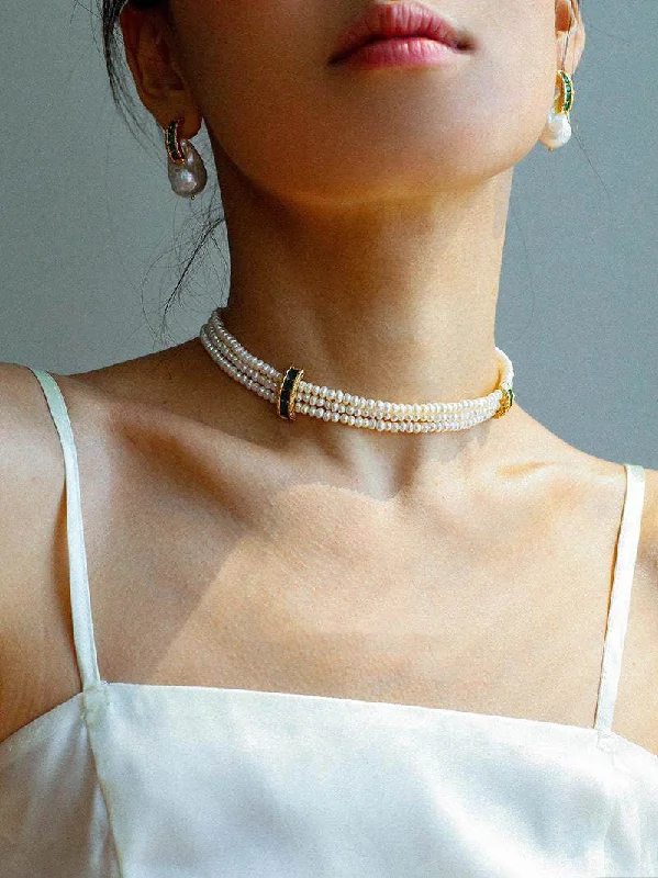 Natural Seed Pearl Multi-layer Emerald Necklace Choker