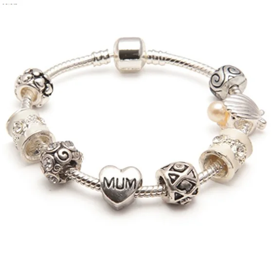 Mum 'Cascade Cream' Silver Plated Charm Bead Bracelet