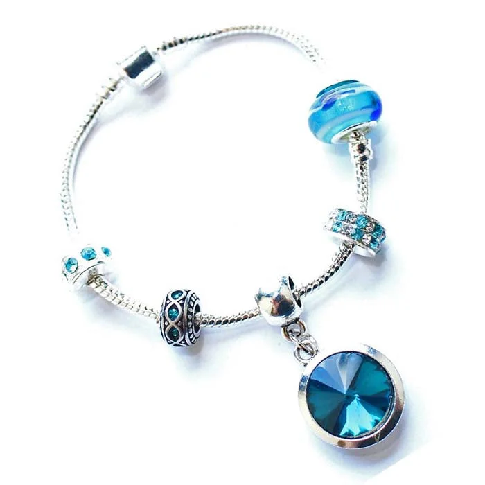 Teenager's 'December Birthstone' Turquoise Colored Crystal Silver Plated Charm Bead Bracelet