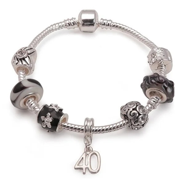 Age 40 'Black Magic' Silver Plated Charm Bead Bracelet