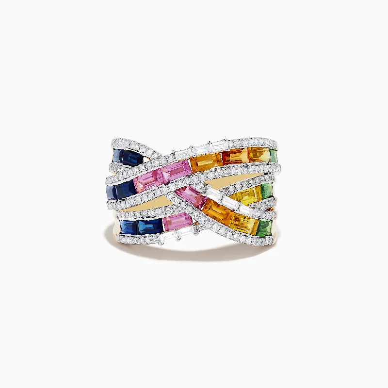 Watercolors 14K Gold Multi Sapphire and Diamond Crossover Ring