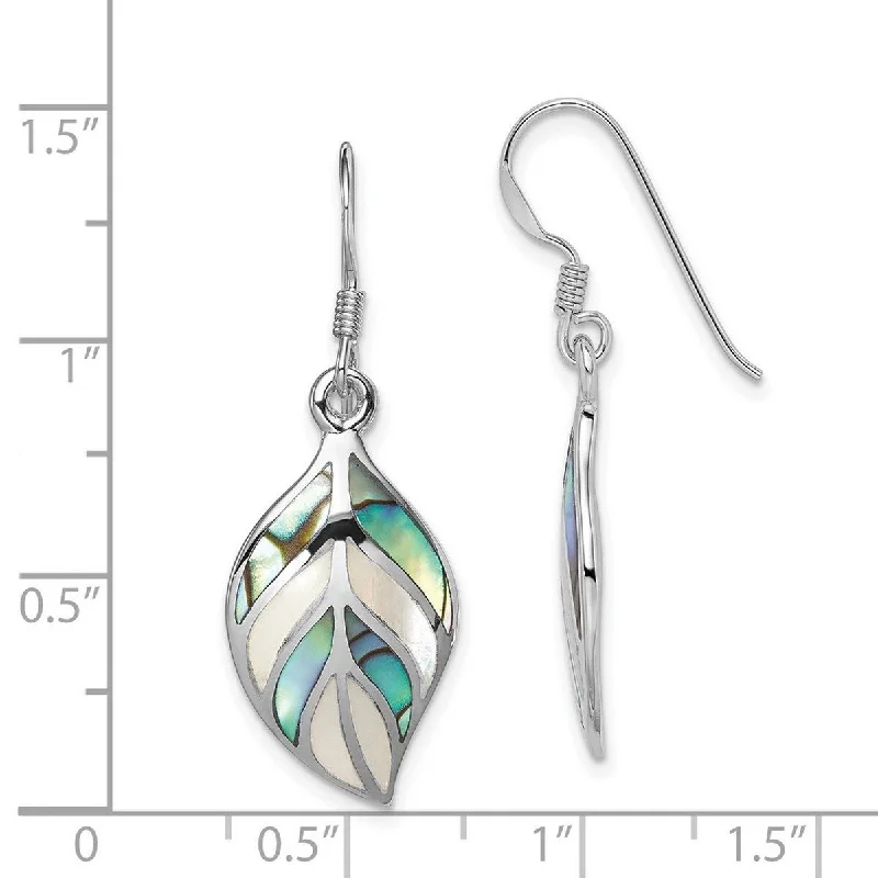 Curata 925 Sterling Silver 36x13mm Leaf Mother of Pearl and Abalone Dangle Earrings