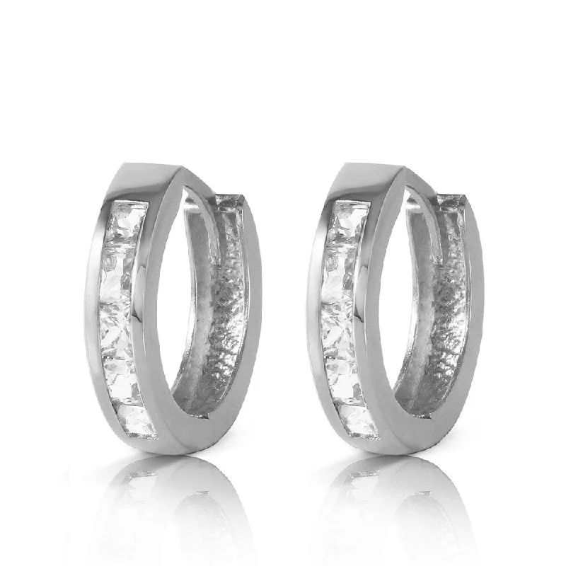 1.2 Carat 14K Solid White Gold Hoop Huggie Earrings White Topaz