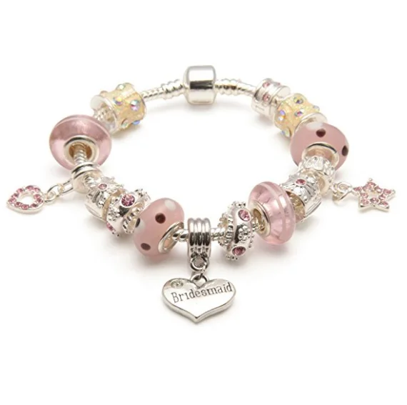 Adult's Bridesmaid 'Pink Me Up' Silver Plated Charm Bead Bracelet