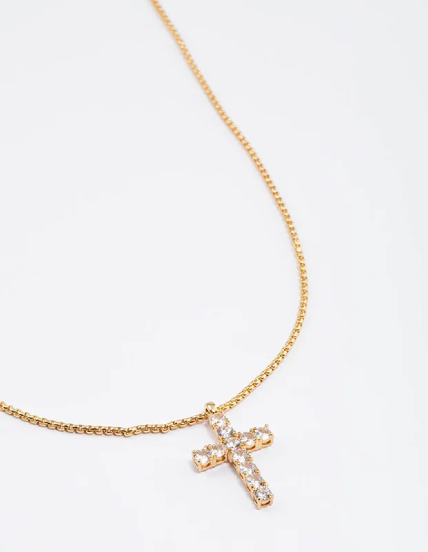 Waterproof Gold Plated Waterproof Stainless Steel Cubic Zirconia Cross Necklace