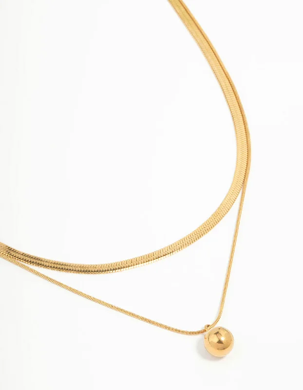 Waterproof Gold Plated Stainless Steel Layered Ball & Snake Chain Necklace