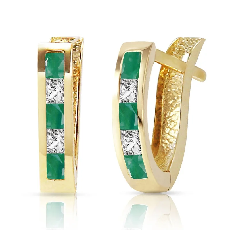 1.26 Carat 14K Solid Gold Emerald White Topaz Hoop Gemstone Earrings