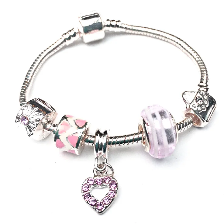 Adult's Pink 'Candy Heart' Silver Plated Charm Bead Bracelet