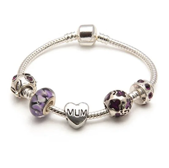 Mum 'Purple Rush' Silver Plated Charm Bead Bracelet