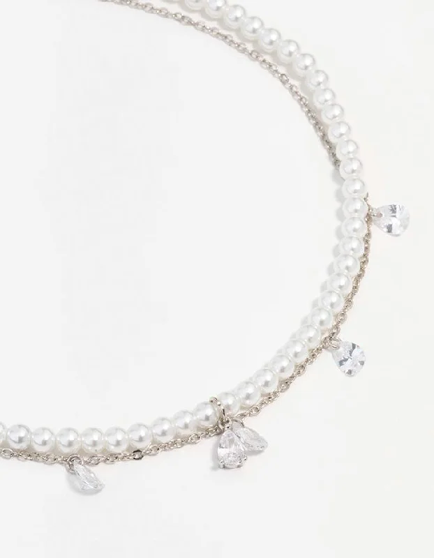 Silver Cubic Zirconia Pearl Double Choker