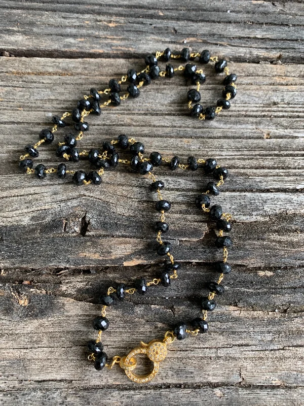 Black Spinel Beaded Necklace with Gold Pave Diamond Clasp