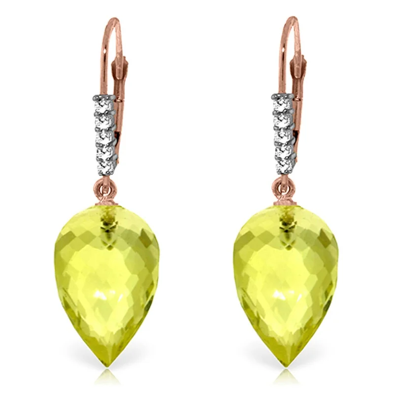 18.15 Carat 14K Solid Gold Drop Lemon Quartz Diamond Earrings